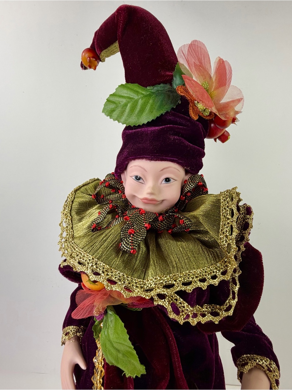 Vintage Porcelain Bisque Jester Doll Harlequin Court Fool Burgundy Velvet Decor